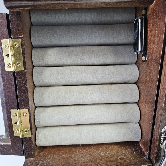 VINTAGE Wood Armoire Jewelry Box Double Etched Flower Glass Doors - Picture 7 of 11